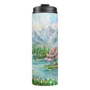 Termo Paisaje montañoso de primavera. Mano acrílica orig