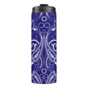 Termo Paisley monocromo: azul, elegancia blanca.