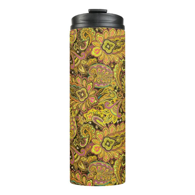 Termo Paisley Motif in Yellow, Brown on Black Background (Anverso)
