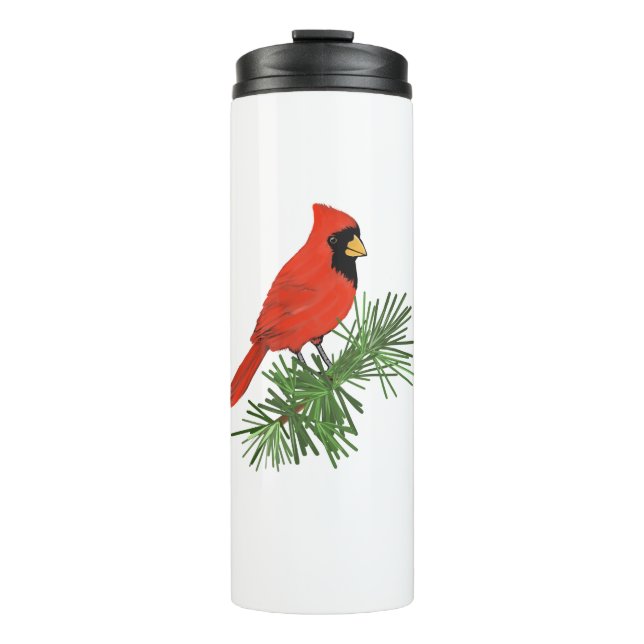 Termo Pájaro cardenal rojo en árbol de pino (Anverso)