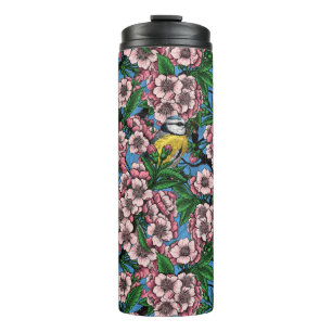 Termo Pájaros azules en el floreciente cerezo en azul