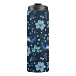 Termo Pájaros Azules y Patrón Continuo de Armonía Floral