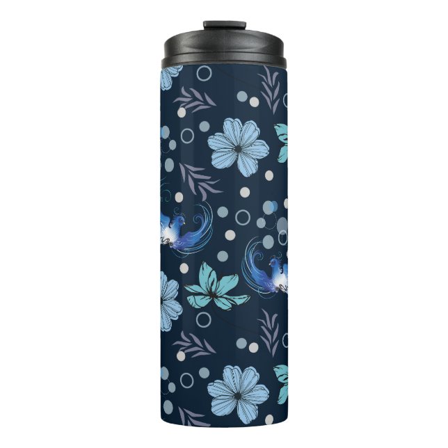 Termo Pájaros Azules y Patrón Continuo de Armonía Floral (Anverso)