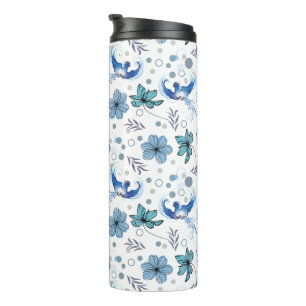 Termo Pájaros Azules y Patrón Continuo de Armonía Floral