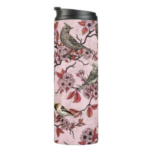 Termo Pájaros y flor de cerezo sobre rosa palo