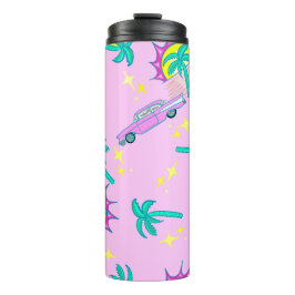 Termo palmeras retro rosadas y coche