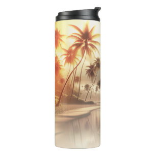 Termo Palmeras y puesta de sol naranja en la playa
