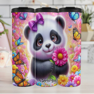 Termo Panda adorable con una flor brillante