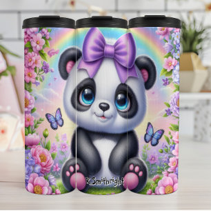 Termo Panda lindo con morado y mariposas