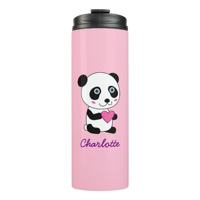 Termo Panda lindo con un corazón rosado personalizado (Anverso)