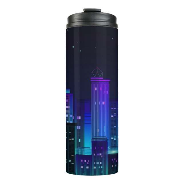 Termo Panorama de la ciudad nocturna con neón resplandec (Anverso)