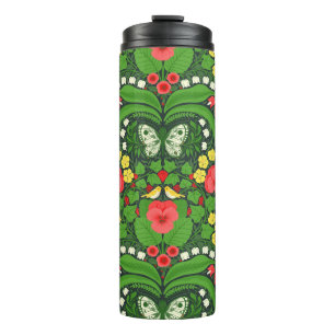 Termo Pansias rojas, pájaros y mariposas