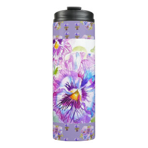 Termo Pansies florales moradas pintadas a mano