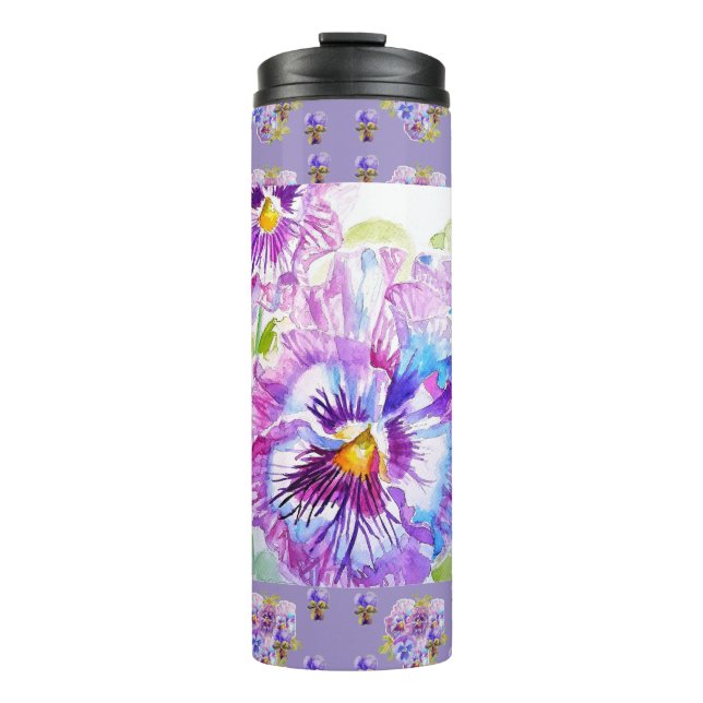 Termo Pansies florales moradas pintadas a mano (Anverso)