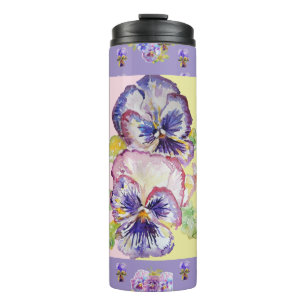 Termo Pansies florales moradas pintadas a mano