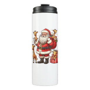 Termo Papá Noel norteamericano sostiene jirafa en Navida