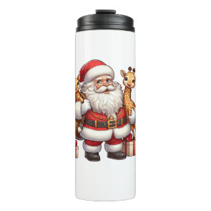 Termo Papá Noel norteamericano sostiene jirafa en Navida