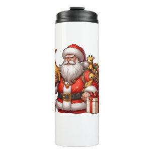 Termo Papá Noel norteamericano sostiene jirafa en Navida