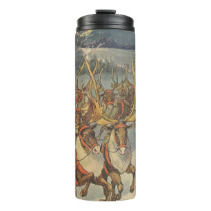 Termo Papá Noel vintage de Navidad con trineo y renos