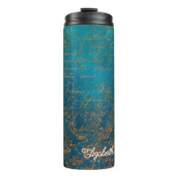 Pátina de cobre vintage con caligrafía turquesa