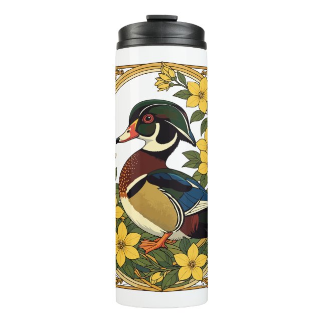 Termo Pato de madera Aix sponsa y flores de jazmín Ilust (Anverso)