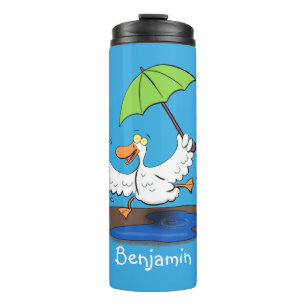 Termo Pato divertido con paraguas bailando dibujo animad