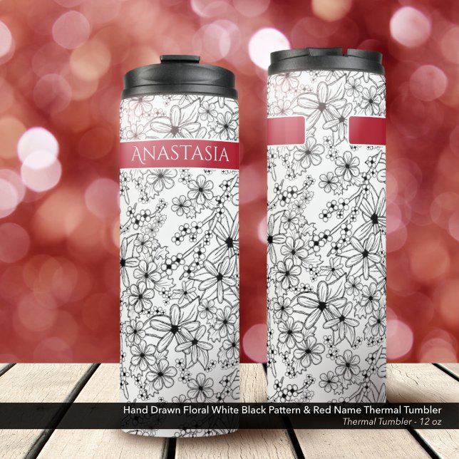Termo Patrón blanco floral dibujado a mano y nombre rojo (Thermal Tumbler: Hand Drawn Floral Pattern in Black and White, Personalized with Name in Red)