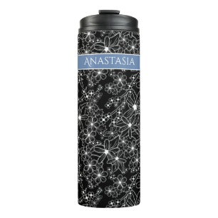 Termo Patrón blanco y azul floral dibujado a mano