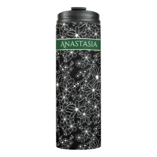 Termo Patrón blanco y negro de la mano dibujado con flor