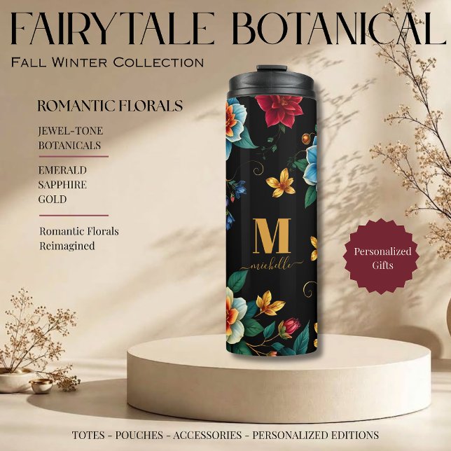 Termo Patrón Botánico de Cuento de Hadas con Monograma e (Fairytale Botanical Pattern Monogram Script Florals with Vines Jewel Tones Emerald Sapphire Gold )