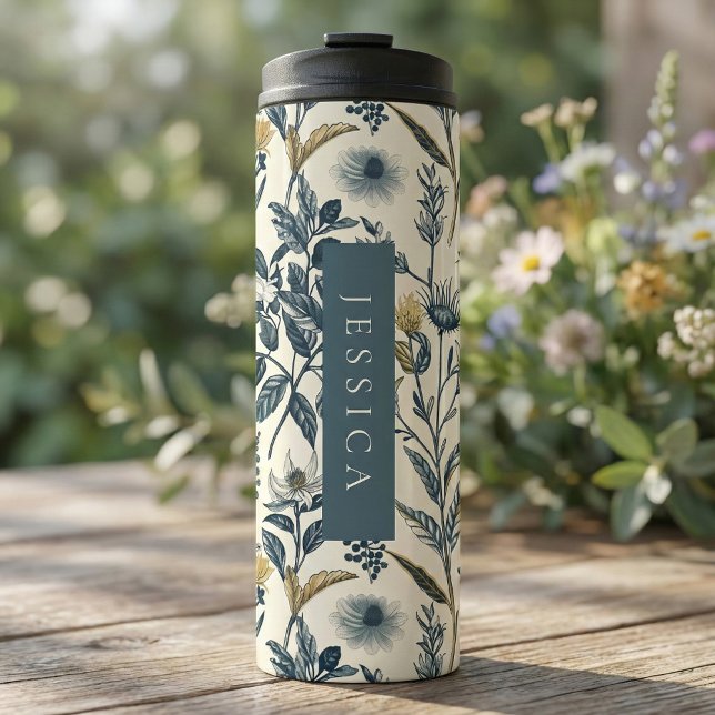 Termo Patrón botánico de oro y marina (Embrace the serene beauty of nature with our seamless botanical  pattern.)