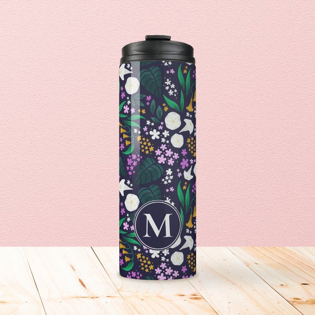 Termo Patrón Botánico Floral de la Luna de la Noche (Moon Garden Monogram Tumbler)