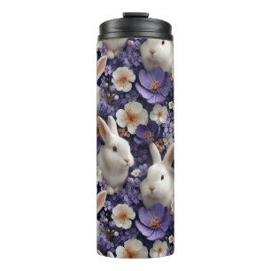 Termo Patrón con conejos blancos y flores púrpuras