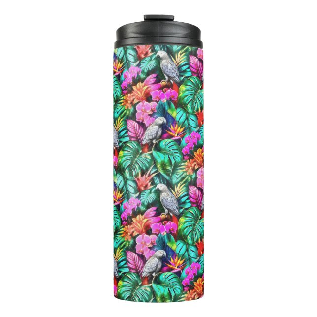 Termo Patrón continuo de superficie de selva con loros g (Anverso)