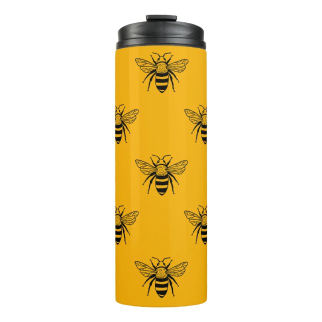 Termo Patrón de abejas vintage, amarillo negro. (Anverso)