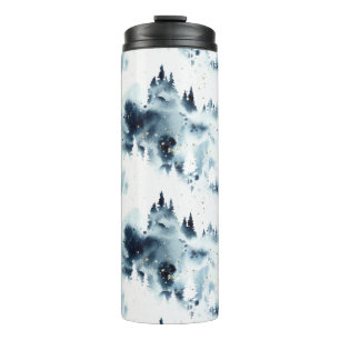 Termo Patrón de acuarela del bosque azul de medianoche