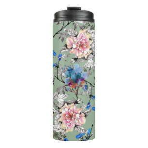 Termo Patrón de acuarela floral de fondo verde.