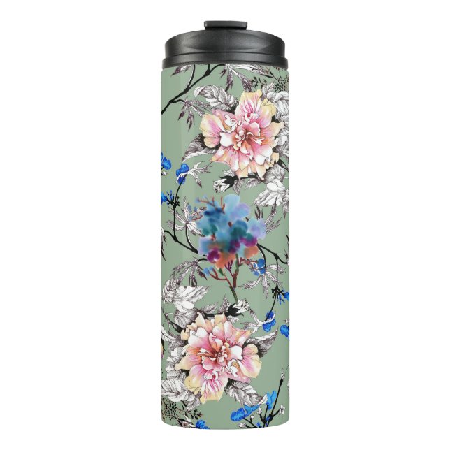 Termo Patrón de acuarela floral de fondo verde. (Anverso)