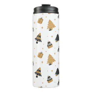 Termo Patrón de árbol de Navidad negro dorado