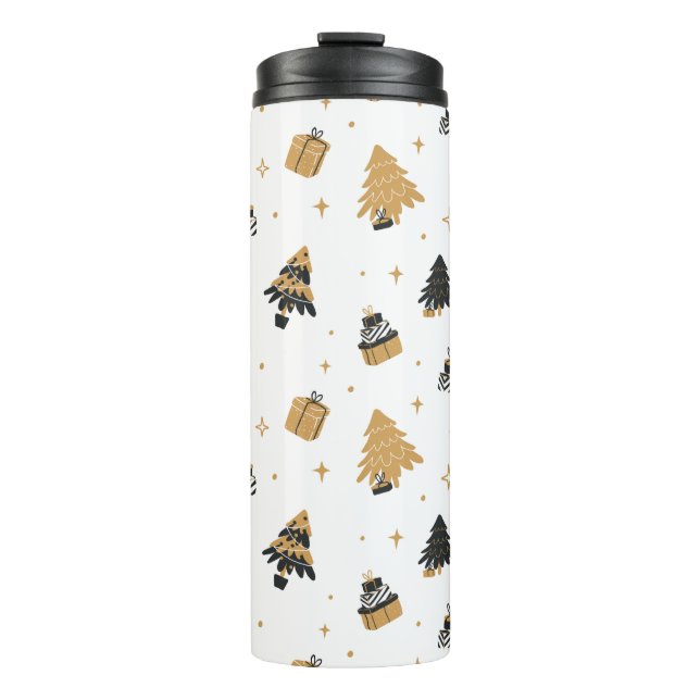 Termo Patrón de árboles de Navidad dorados negros (Anverso)