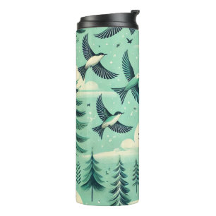 Termo Patrón de aves y bosques verdes verde azulados