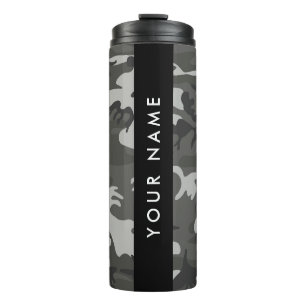 Termo Patrón de camuflaje gris, tu nombre, personalizado