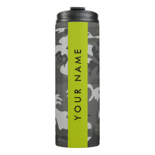 Termo Patrón de camuflaje gris, tu nombre, personalizado