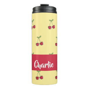 Termo Patrón de cerezas rojas de nombre personalizado