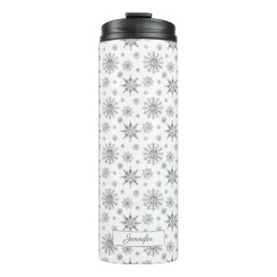 Termo Patrón de copos de nieve grises plateados y nombre