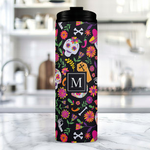 Termo Patrón de cráneo de azúcar del Día de Muertos Mono