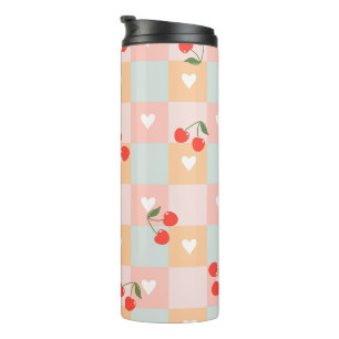 Termo Patrón de cuadros pastel de cereza y corazón