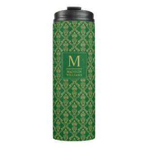 Termo Patrón de damasco sin costuras verde esmeralda y d