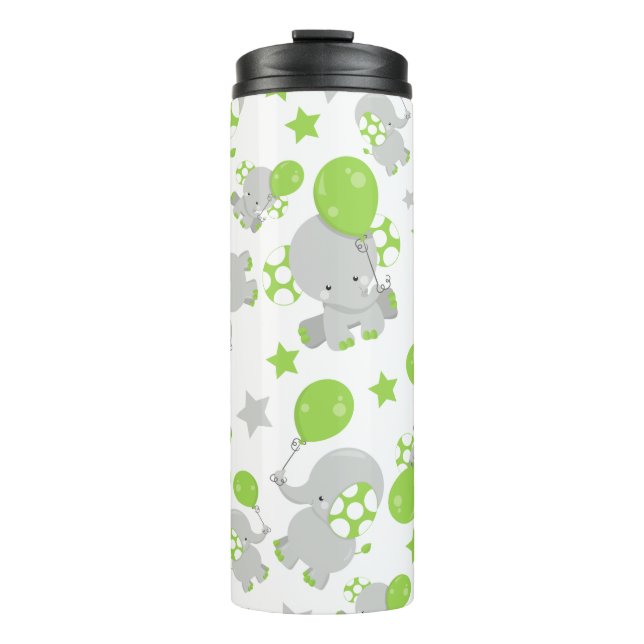 Termo Patrón de Elefantes, Elefantes Cutos - Gris Verde (Anverso)