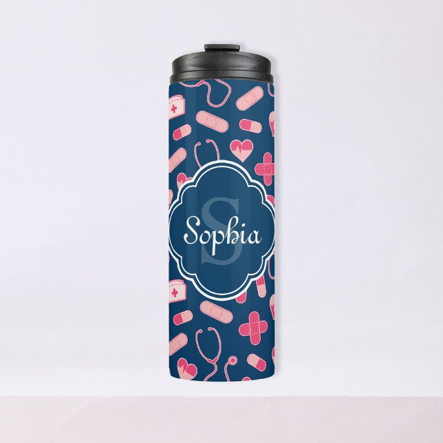 Termo Patrón de enfermera rosa y azul con monograma (Subido por el creador)